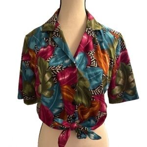 Y2K Vintage Tropical Button Up Tie Front Blouse S | Floral Hawaiian 90s Vibes